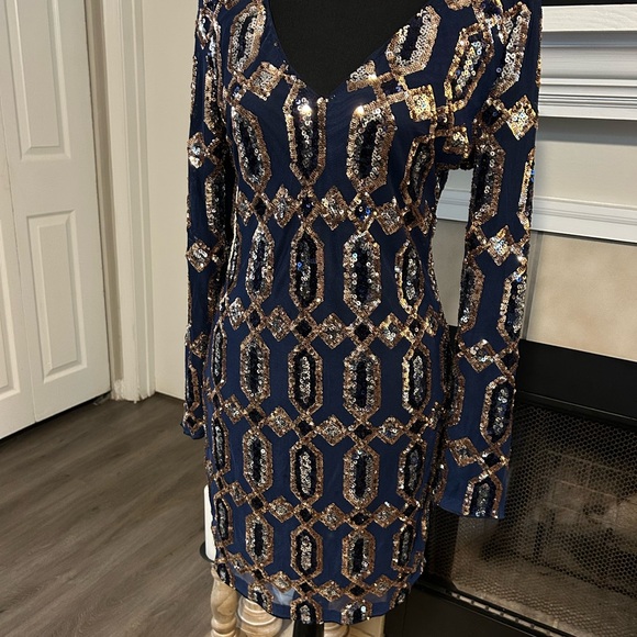 Fashion Nova Navy and Gold Long Sleeve Dress - Picture 2 of 7